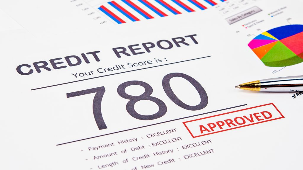 Credit report showing 780 credit score with approval stamp and financial charts.