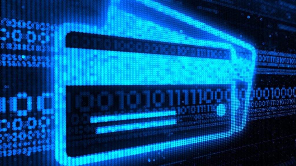 Digital illustration of a glowing credit card made from binary code on a blue background