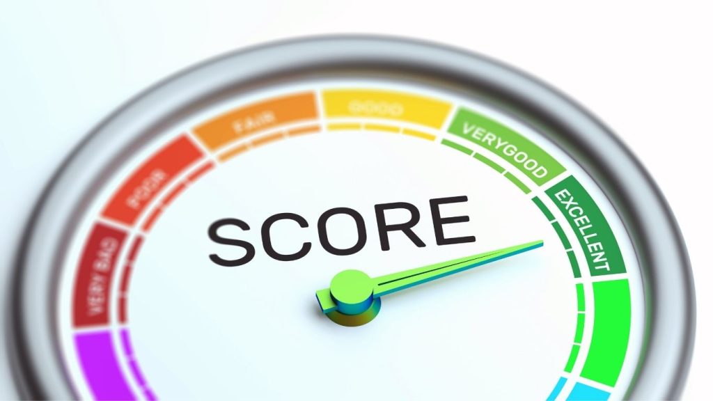 Credit score gauge showing excellent rating in green zone, representing strong financial health and high creditworthiness.