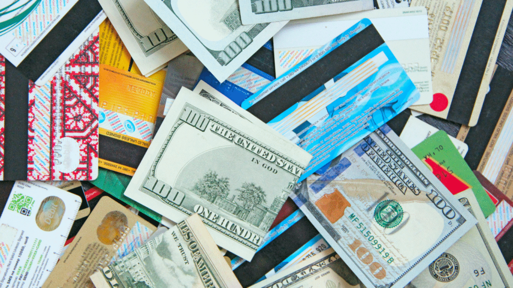 Stack of credit cards and U.S. dollar bills symbolizing finance, spending, and credit management.
